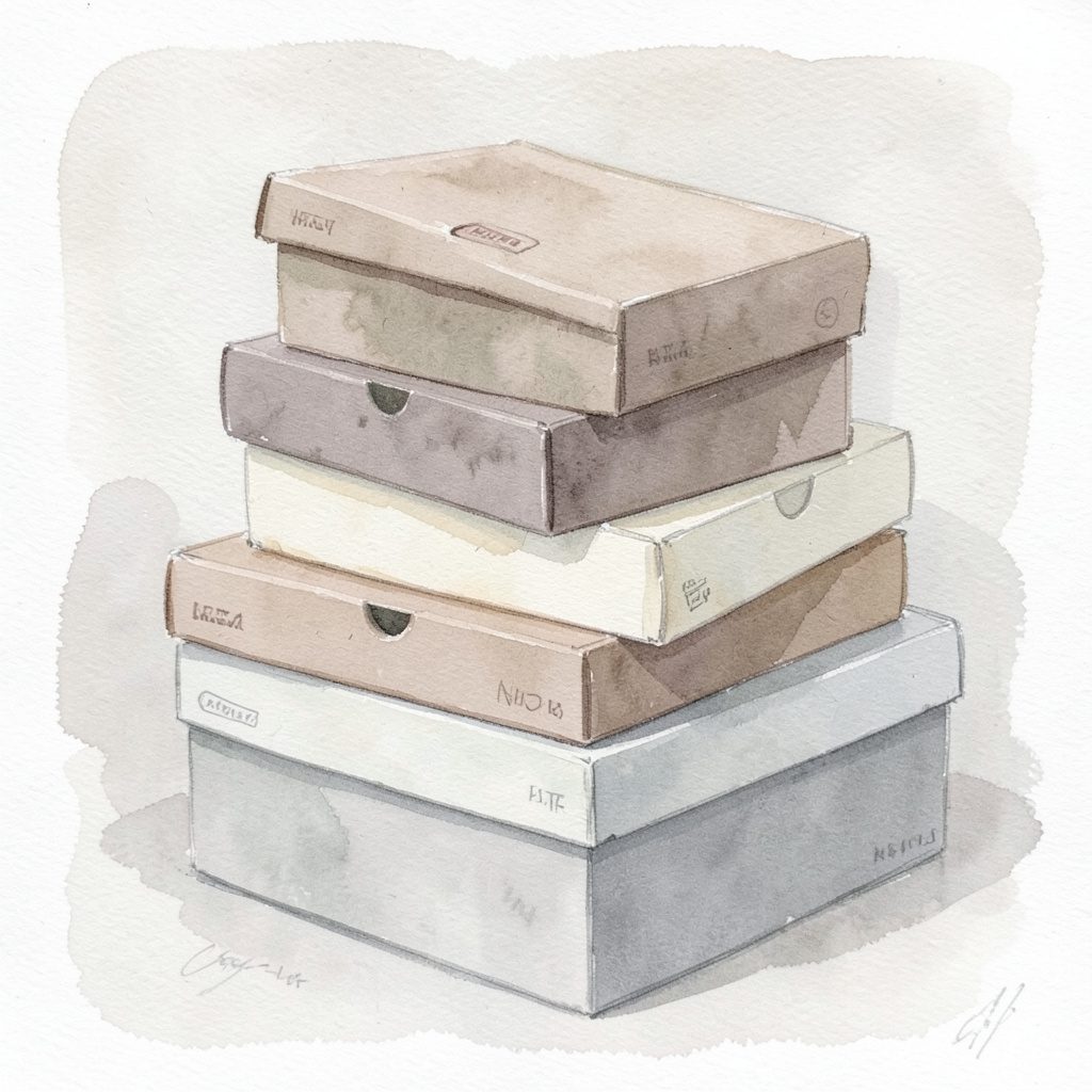 Soft watercolour of stacked shoeboxes in taupe cream and soft grey with subtle brand markings in muted tones, orderly calm mood